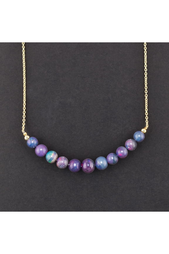 AA+ Ultra Fire Black Opal Plain Round Beaded Bar Necklace, Natural Gemstone Healing Chakra Crystals Birthstone Jewelry, 14k Gold Plated Sterling Silver Jewelry 18inch, Premium Gift Women Jewelry