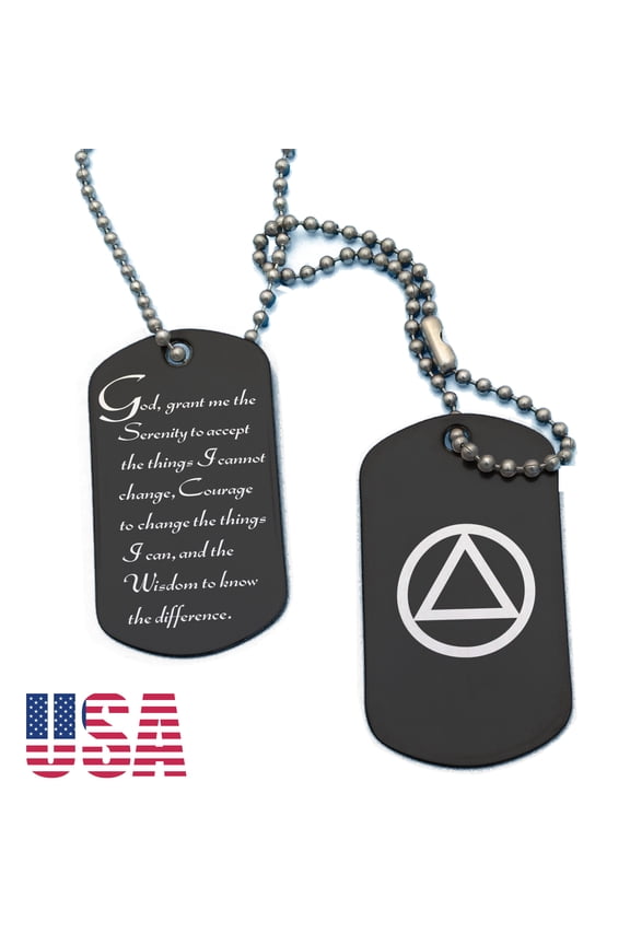AA Unity Symbol and Serenity Prayer Black Stainless Steel Dog Tag Necklace for Sober Birthday AA, Alcoholics Anonymous