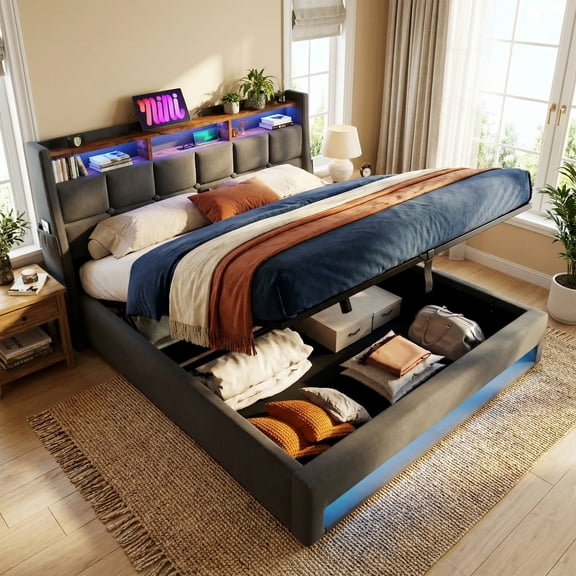 (=AA20690910G) Queen size Upholstered Platform bed with a Hydraulic Storage System, LED and Charging Station, No Box Spring Needed, Easy Assembly, Noise-Free, Grey (without mattress)