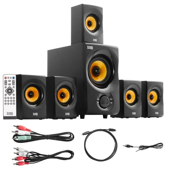 Acoustic Audio AA5170 700W Bluetooth Home Theater 5.1 Speaker System with FM Tuner, USB, SD Card, Remote Control, Powered Sub (6 Speakers, 5.1 Channels, Black with Gold)