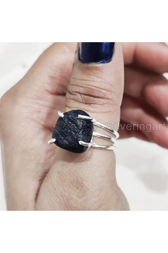 AAA Blue Sapphire Ring, Rough Blue Sapphire Ring, September Birthstone, 3 Plain Band, 925 Sterling Silver, Womens Ring, Christmas, Thanksgiving, Handmade, Statement Jewelry, Rough Gemstone Jewelry