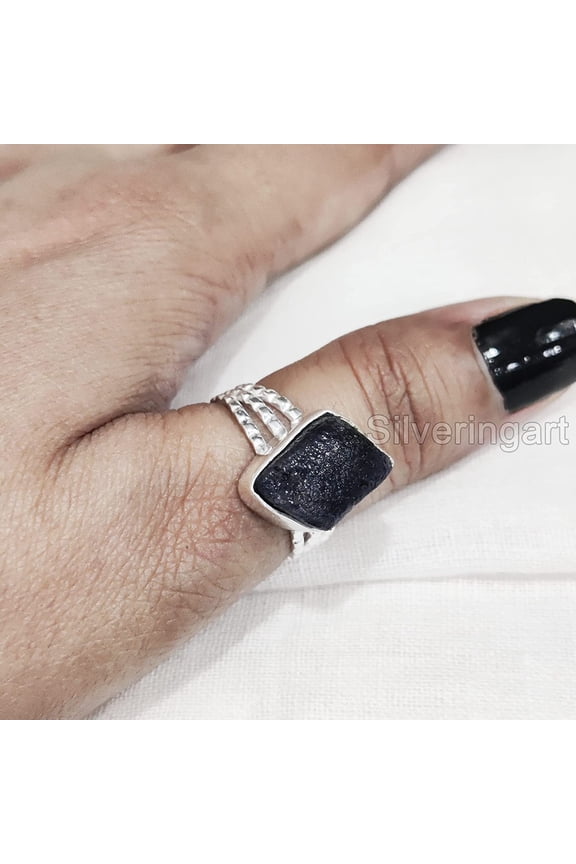 AAA Blue Sapphire Ring, Rough Blue Sapphire Ring, September Birthstone, Doted Band, 925 Sterling Silver, Womens Ring, Christmas, Thanksgiving, Handmade, Statement Jewelry, Rough Gemstone Jewelry