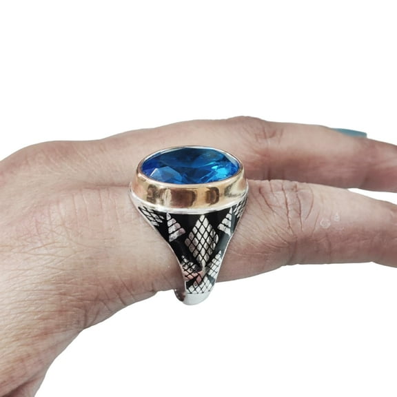 AAA Blue Topaz Mans Ring, Natural Swiss Blue Topaz Ring, November Birthstone, Silver Jewelry, 925 Silver Ring, Heavy Mens Ring, Arabic Design, Ottoman Style Ring, Christmas, Mens Signet Ring