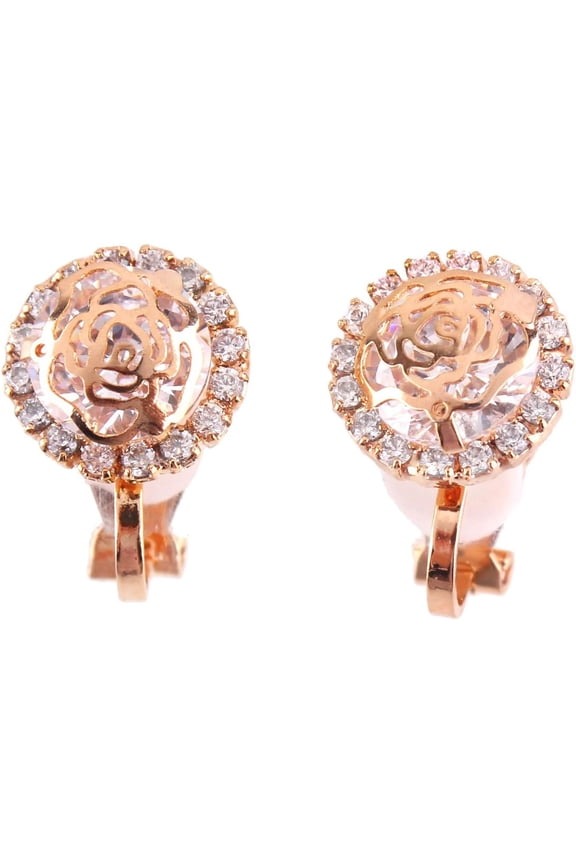 AAA CZ Rose Flower Shape Clip on Earrings Non Piercing for Women Cute Ear Clip