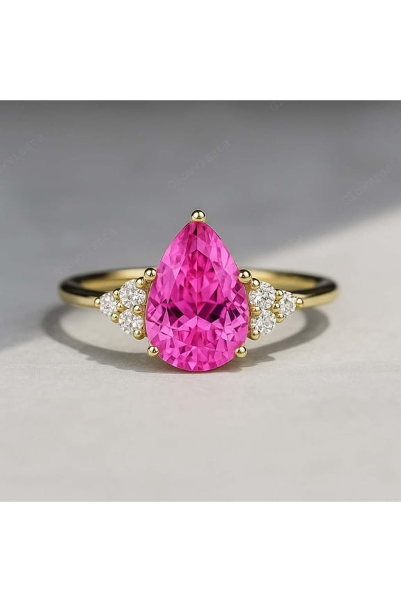 AAA Ceylon Pink Sapphire Wedding Ring, Pear Cut Excellent Quality Gemstone Promise Ring, Diamond Cluster Stacking Ring, Gift For Mother