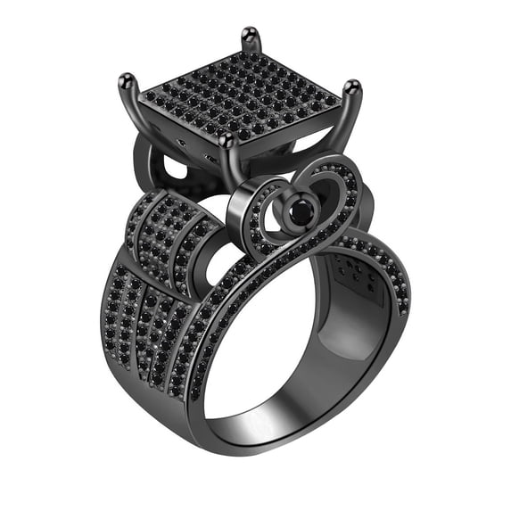 AAA Cubic Zirconia Iced Out Bling Hip Hop Square Ring, Black Plated Wide Band Party Prom Rings for Her (Rose God Size 8)