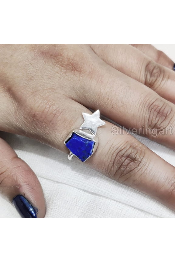 AAA Lapis Lazuli Ring, Rough Lapis Lazuli Ring, Afghani Lapis, Adjustable Star Ring, 925 Sterling Silver, Womens Ring, Christmas, Thanksgiving, Handmade, Statement Jewelry, Rough Gemstone Jewelry