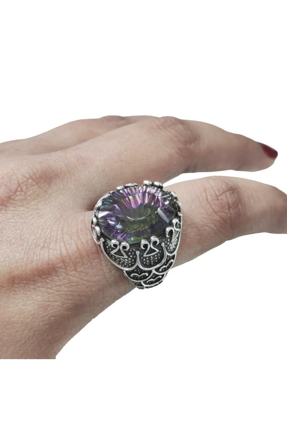 AAA Mystic Topaz Mens Ring, Natural Mystic Topaz Ring, November Birthstone, Silver Jewelry, 925 Silver Ring, Birthday Gift, Heavy Mens Ring, Arabic Oxidized Mans Ring, Christmas, Mens Signet Ring