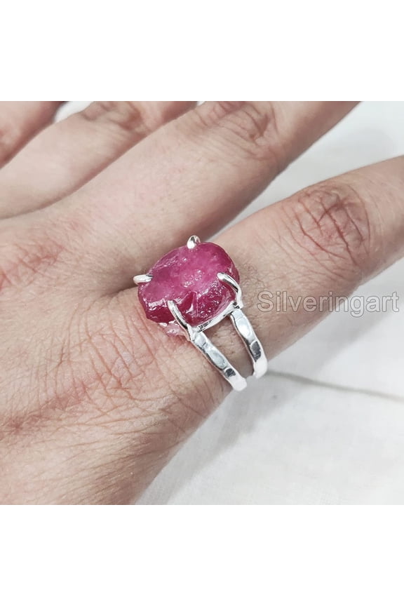 AAA Natural Ruby Ring, Rough Ruby Gemstone Ring, July Birthstone, 2 Hammered Band, 925 Sterling Silver, Womens Ring, Christmas, Thanksgiving, Handmade, Statement Jewelry, Raw Gemstone Jewelry