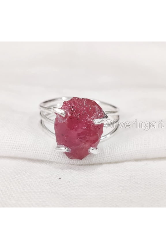 AAA Natural Ruby Ring, Rough Ruby Gemstone Ring, July Birthstone, 3 Plain Band, 925 Sterling Silver, Womens Ring, Christmas, Thanksgiving, Handmade, Statement Jewelry, Raw Gemstone Jewelry