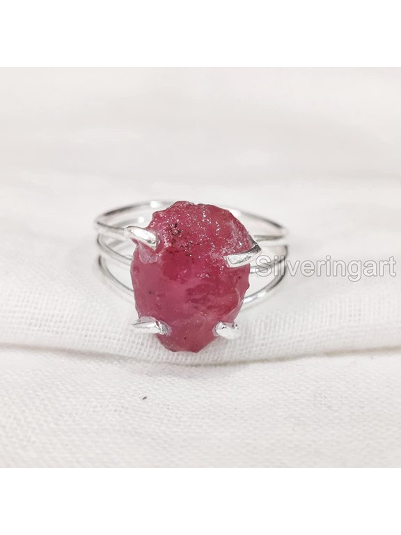 AAA Natural Ruby Ring, Rough Ruby Gemstone Ring, July Birthstone, 3 Plain Band, 925 Sterling Silver, Womens Ring, Christmas, Thanksgiving, Handmade, Statement Jewelry, Raw Gemstone Jewelry