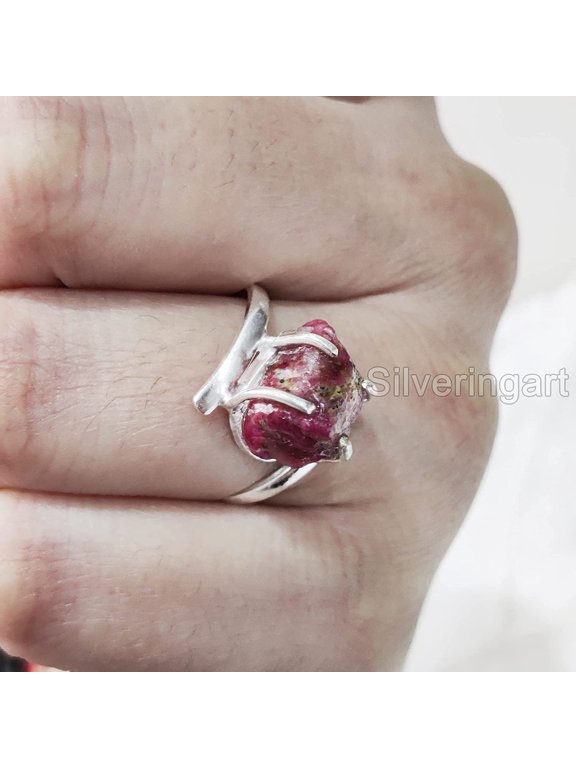 AAA Natural Ruby Ring, Rough Ruby Gemstone Ring, July Birthstone, Cross Prong Band, 925 Sterling Silver, Womens Ring, Christmas, Thanksgiving, Handmade, Statement Jewelry, Raw Gemstone Jewelry