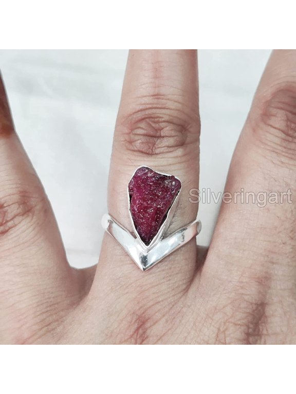 AAA Natural Ruby Ring, Rough Ruby Gemstone Ring, July Birthstone, V Crown Band, 925 Sterling Silver, Womens Ring, Christmas, Thanksgiving, Handmade, Statement Jewelry, Raw Gemstone Jewelry
