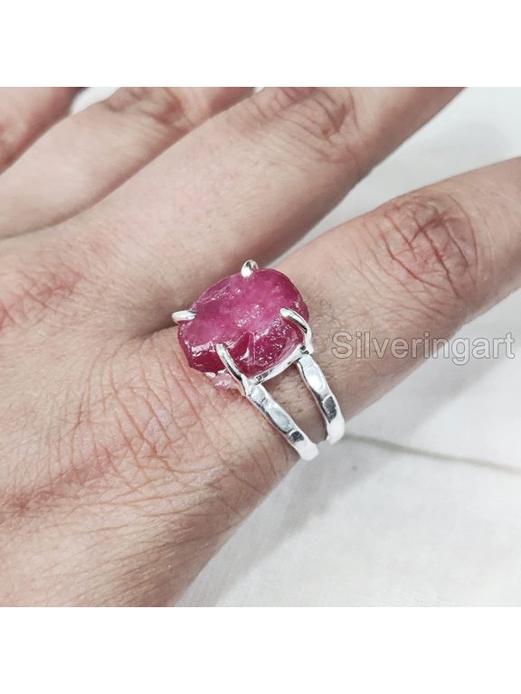 AAA Natural Ruby Ring, Rough Ruby Gemstone Ring, July Birthstone, 2 Hammered Band, 925 Sterling Silver, Womens Ring, Christmas, Thanksgiving, Handmade, Statement Jewelry, Raw Gemstone Jewelry