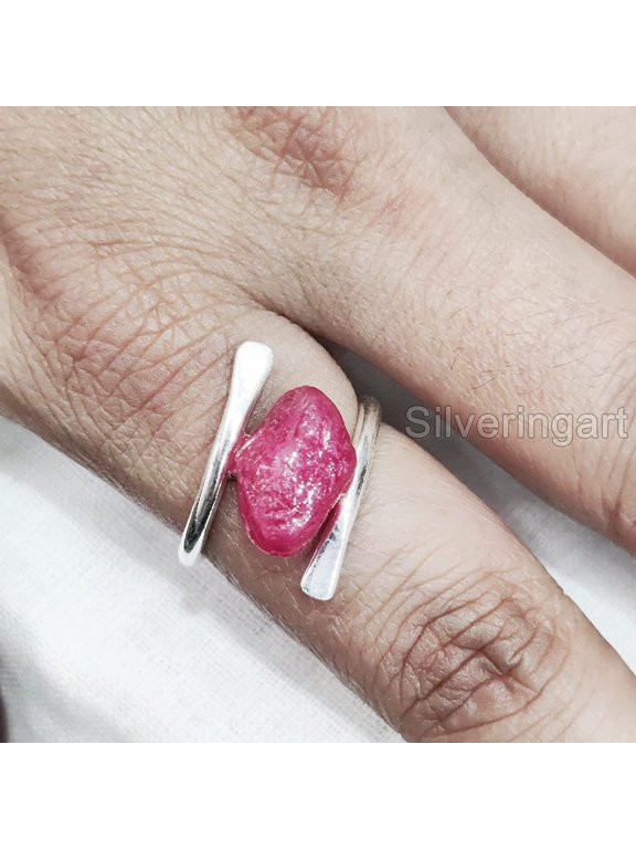 AAA Natural Ruby Ring, Rough Ruby Gemstone Ring, July Birthstone, Cross Band, 925 Sterling Silver, Womens Ring, Christmas, Thanksgiving, Handmade, Statement Jewelry, Raw Gemstone Jewelry