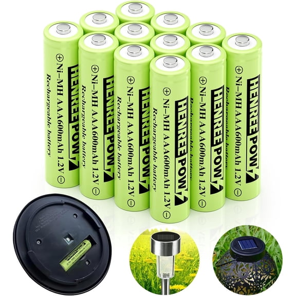 AAA Rechargeable Battery, 1.2v Ni-MH Solar Batteries, Low Self-Discharge, Pre-Charged Triple A Battery for Solar Pathway Lights, Outdoor Solar Lights (600mAh -12pack)
