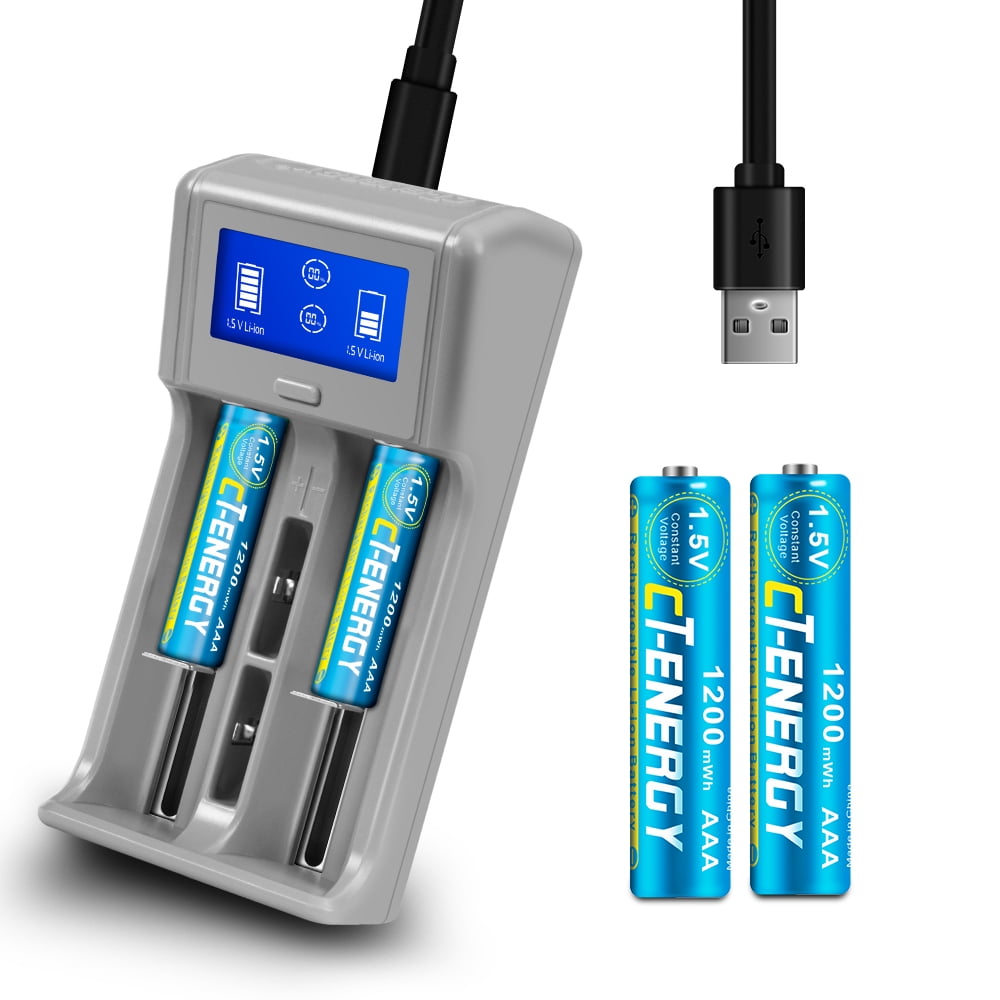 AAA Rechargeable Lithium Batteries 2 Pack with Battery Charger LCD