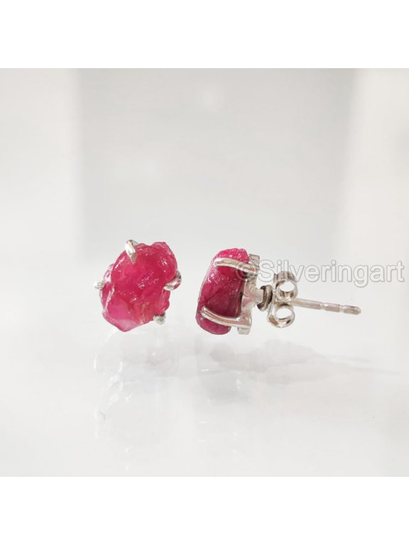 AAA Rough Ruby Stud Earring, Natural Ruby Earring, July Birthstone, Womens Earring, 925 Sterling Silver, Christmas, Thanksgiving, Mens Studs Earring, Handmade Jewelry, Raw Studs Earring