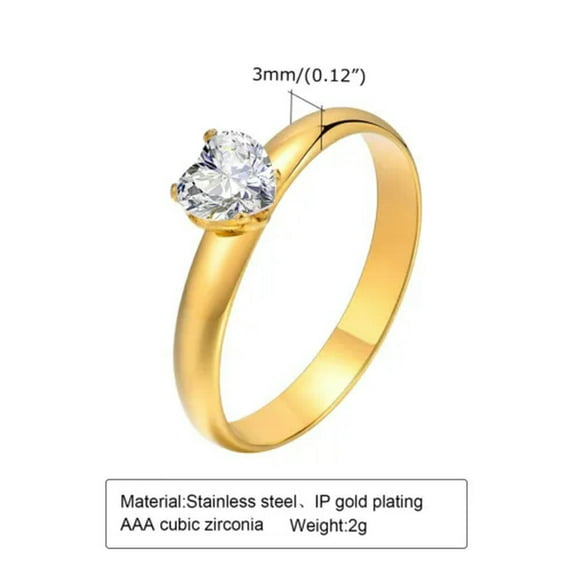 AAA White CZ Heart Cut 18K Gold Plating Stainless Steel Womens Ring Size 5 6 7 8