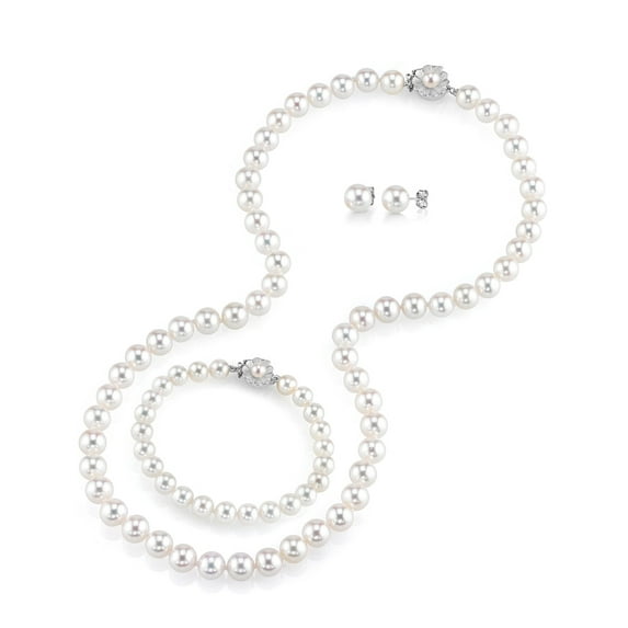 AAAA Quality 7-8mm Round White Freshwater Cultured Pearl Necklace, Bracelet & Earrings Set with 14K White Gold Flower Clasp for Women