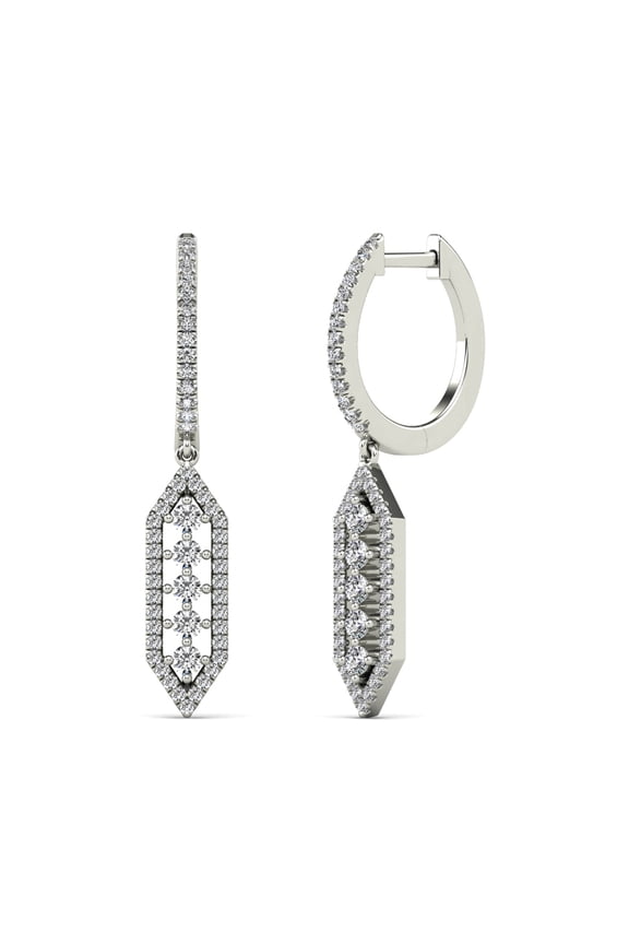 AAAMARK 10K White Gold 5/8ct. TDW Diamond Hexagon Cluster Bar Dangle Hoop Earring (GH, I1)