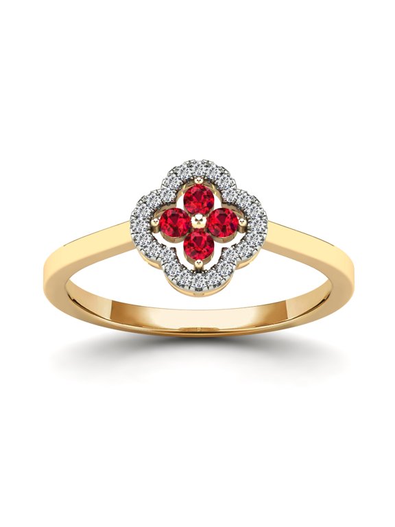 AAAMARK 10K Yellow Gold 1/4 cttw Diamond and Ruby Clover Halo Ring (GH,I1)