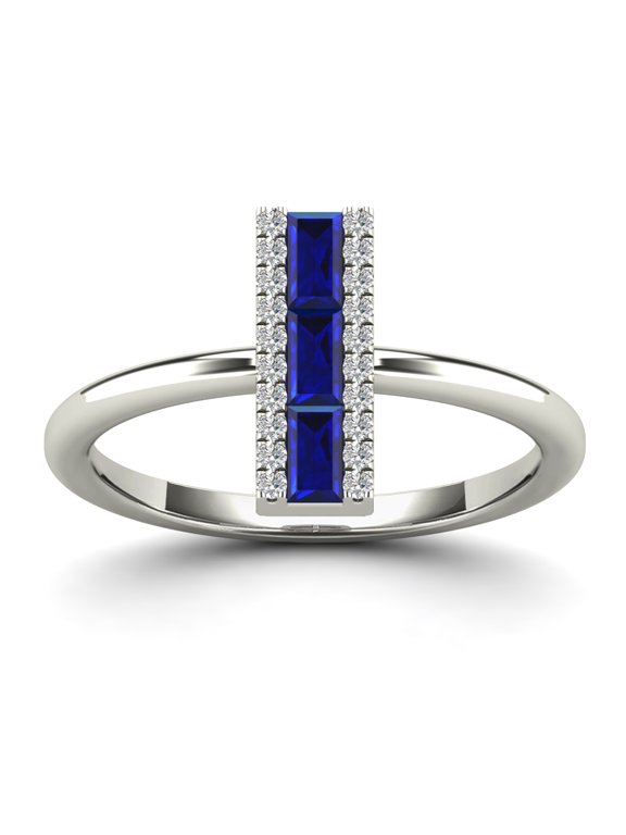 AAAMARK 14K White Gold 1/10 CT TDW Diamond & Triple 4x2mm Baguette Blue Sapphire Vertical Bar Ring (GH,I1)