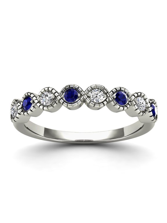 AAAMARK 14K White Gold 1/6cttw Diamond and Blue Sapphire Stackable Ring with Fine Milgrain Border (GH, I1)