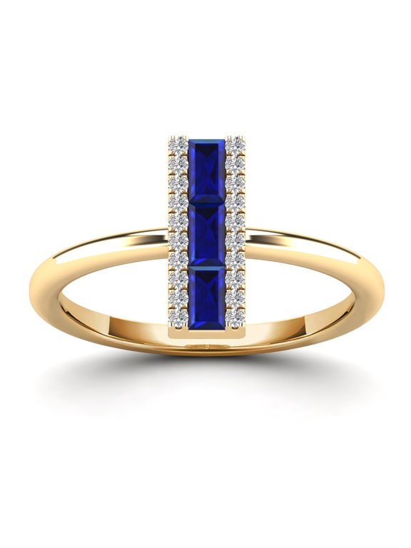 AAAMARK 14K Yellow Gold 1/10 CT TDW Diamond & Triple 4x2mm Baguette Blue Sapphire Vertical Bar Ring (GH,I1)