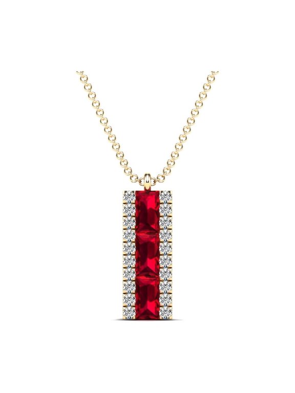 AAAMARK 14K Yellow Gold 1/10 CT TDW Diamond & Triple 4x2mm Baguette Ruby Vertical Bar Necklace (GH,I1)