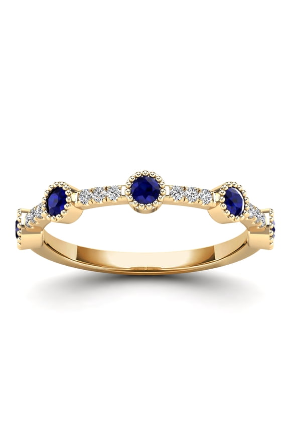 AAAMARK 14K Yellow Gold 1/3 cttw Blue Sapphire and Diamond Accent with Fine Milgrain Stackable Ring (GH, I1)