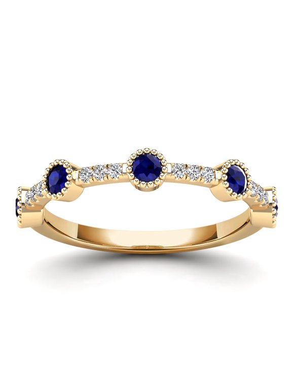 AAAMARK 14K Yellow Gold 1/3 cttw Blue Sapphire and Diamond Accent with Fine Milgrain Stackable Ring (GH, I1)