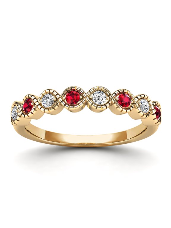 AAAMARK 14K Yellow Gold 1/6cttw Diamond and Ruby Stackable Ring with Fine Milgrain Border (GH, I1)