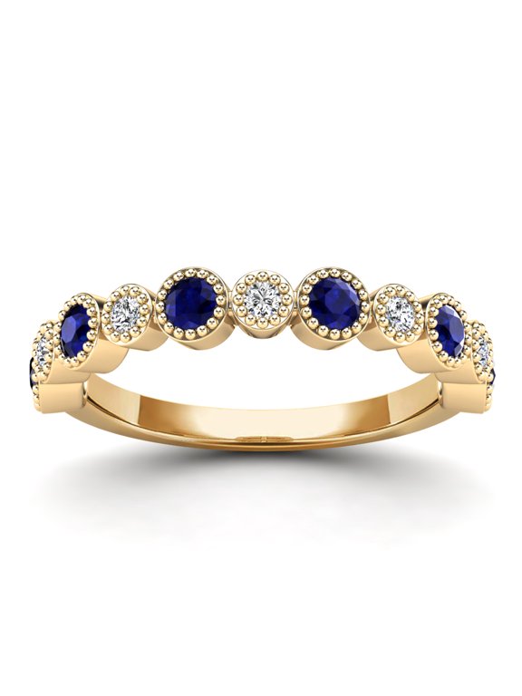 AAAMARK 14K Yellow Gold 1/8cttw Diamond and Blue Saphhire with Fine Milgrain Border Stackable Ring (GH,I1)