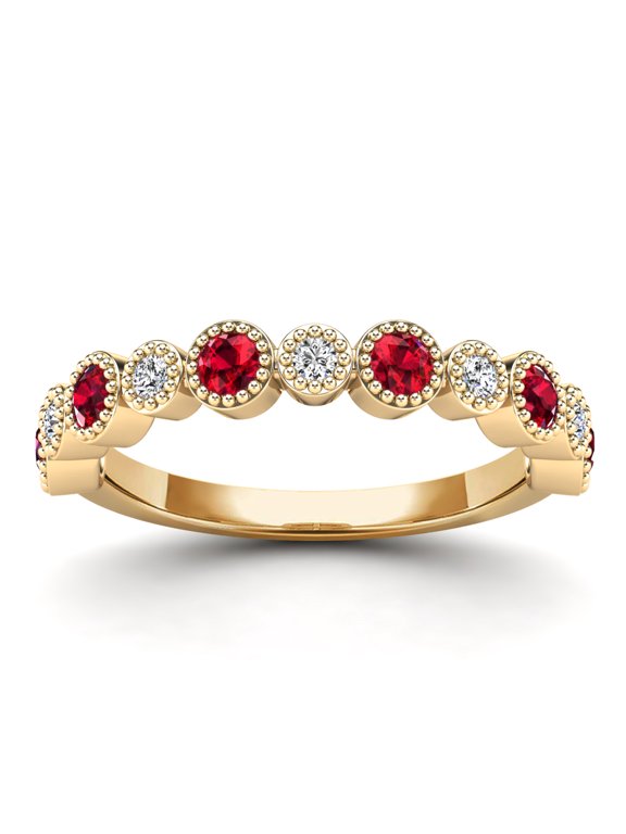 AAAMARK 14K Yellow Gold 1/8cttw Diamond and Ruby with Fine Milgrain Border Stackable Ring (GH,I1)