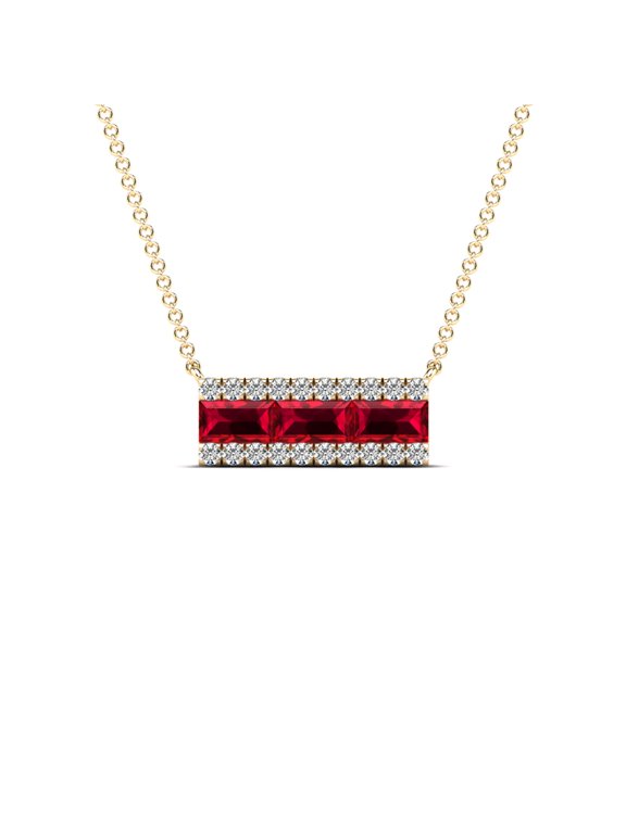 AAAMARK 14K Yellow Gold 4x2mm Triple Baguette Ruby & 1/10ct TDW Diamond Bar Necklace (GH,I1)