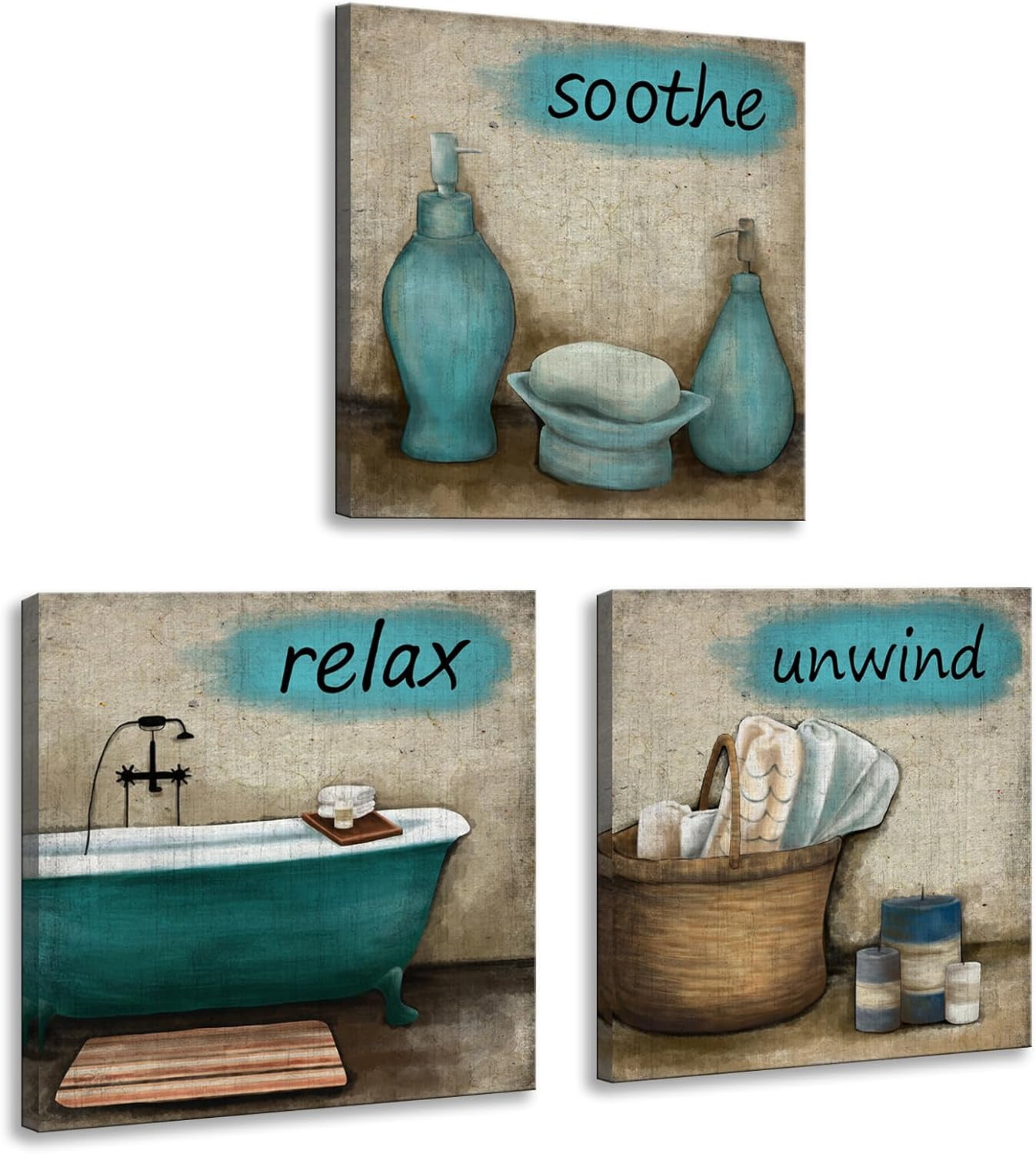 AABERIC 3 Pieces Bathroom Canvas Wall Art Teal Style Bathtub Bath Set ...