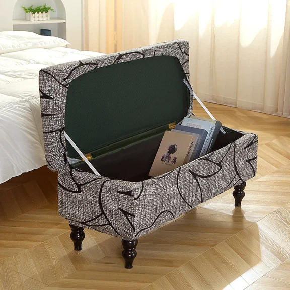 Stretch Ottoman Slipcover with Elastic Band - Printed Velvet Protector for Storage Bench, Footrest Stool - Wrinkle & Pill Resistant - 3 Sizes (S/M/L)