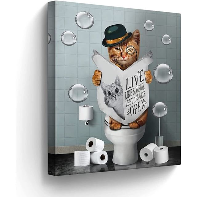 AABERIC Bathroom Decor Canvas Wall Art Cute Cat Sitting in Toilet ...
