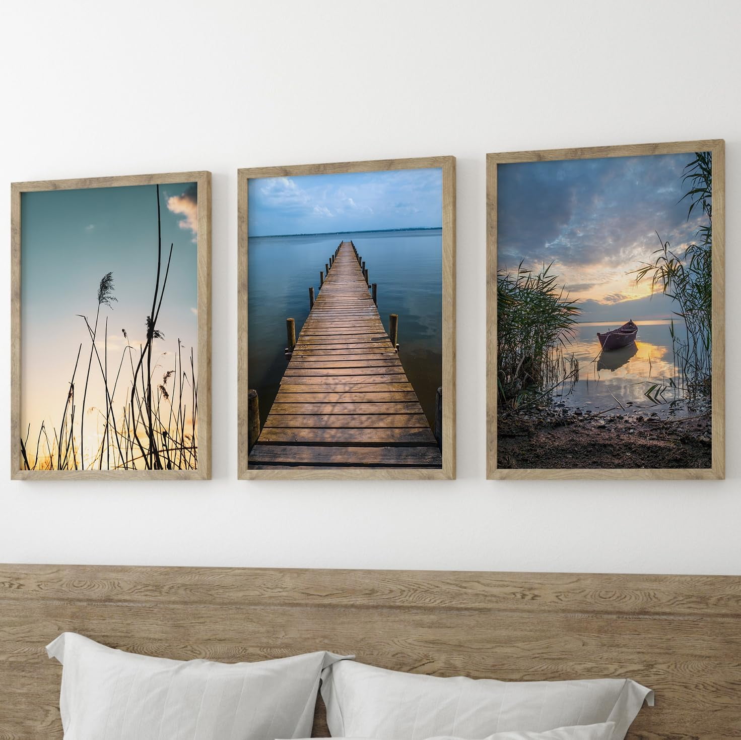 AABERIC Boat On The Lake Relaxing Landscape Set of 3 Framed Wall Art ...