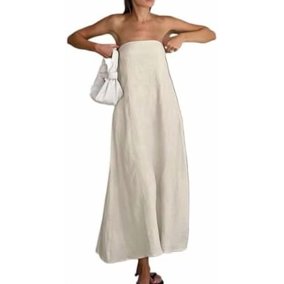 Women's Cotton Linen Maxi Dress - Elegant Strapless A-Line Sundress for Summer & Vacation