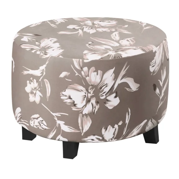 Stretchable Round Ottoman Slipcover, Machine Washable Footstool Protector with Elastic Hem, Jacquard Fabric Storage Stool Cover, Fits Most Round Ottomans