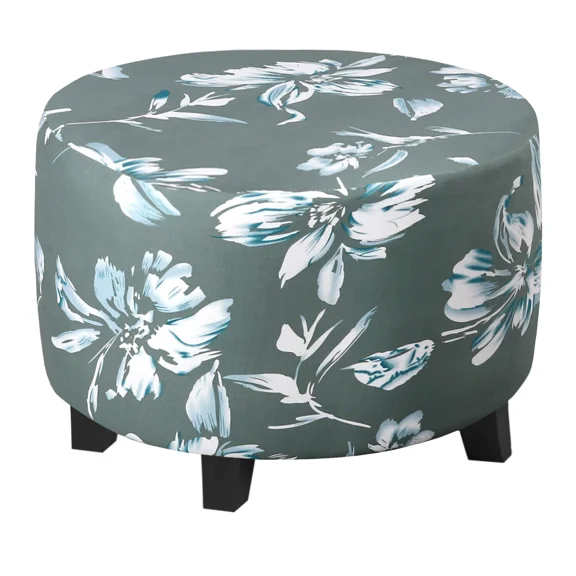 Stretchable Round Ottoman Slipcover, Machine Washable Footstool Protector with Elastic Hem, Jacquard Fabric Storage Stool Cover, Fits Most Round Ottomans