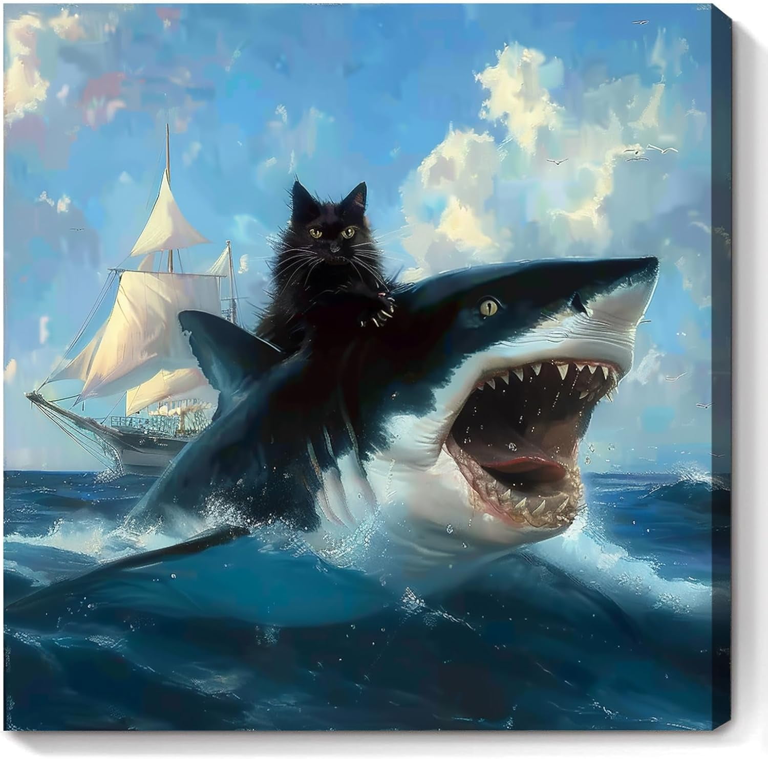 Funny Bathroom Cat Canvas Wall Art Renaissance Whimsical Crazy Quirky Humor Fat Cat Riding A Shark Painting Picture Wall Decor Poster Print Artwork For Toilet Restroom Home Decoration Unframed