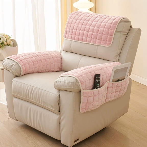Flannel Plush 3PC Arm & Headrest Covers for Recliners/Sofas - Non-Slip, Pet Hair Resistant, with Storage Pocket