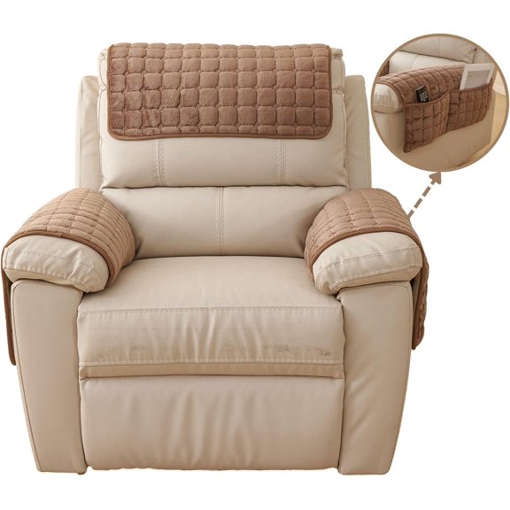 Flannel Plush 3PC Arm & Headrest Covers for Recliners/Sofas - Non-Slip, Pet Hair Resistant, with Storage Pocket