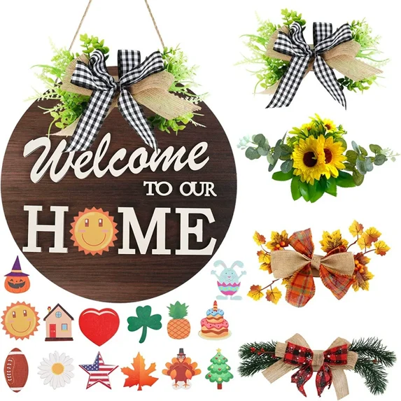 Magnetic Interchangeable Welcome Sign - 14 Seasonal Wooden Door Hanger for Farmhouse Porch, Holiday Decor (Christmas/4th of July/Halloween), Housewarming Gift 12x12 Inch