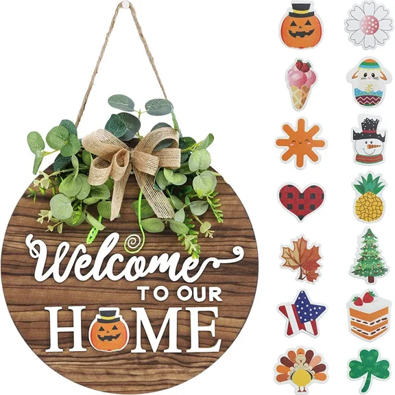 Magnetic Interchangeable Welcome Sign - 14 Seasonal Wooden Door Hanger for Farmhouse Porch, Holiday Decor (Christmas/4th of July/Halloween), Housewarming Gift 12x12 Inch