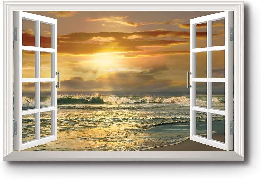 Window View Orange AABERIC Flowers Wall Art Window View of Orange Wildflowes during Sunset ...