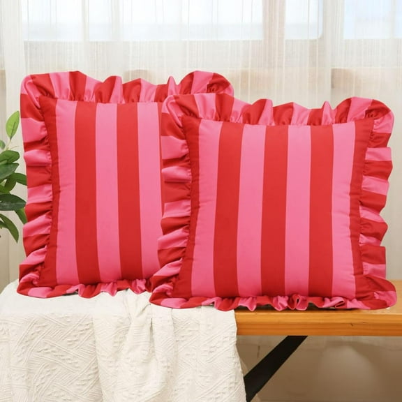 Ruffle Trim Pillow Covers Set of 2, 18x18 Inch Boho Striped Square Cushion Covers for Sofa Bed Decor